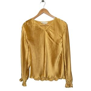WISHING WAVES long sleev v-neck pleated gold yellow top LARGE
